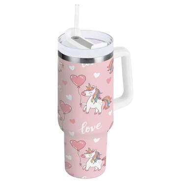 Imagem de Blueangle Copo isolado de jubas arco-íris dos namorados de 850 g com alça e tampa de palha, caneca de viagem reutilizável de aço inoxidável (520)