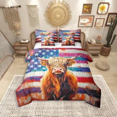 Imagem de Erosebridal Conjunto de cama casal rústico de vaca highland highland, traçado, bandeira americana, conjunto de edredom com estampa de pintura a óleo em uma bolsa, conjunto de cama vintage de animais