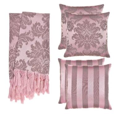 Imagem de Kit Manta para Sofá Jacquard 1.8x1.4m + 4 Capas de Almofada 45x45cm - Conjunto Protetor e Decorativo com Franjas Artesanais(Rosê e Marrom 205 (capas)