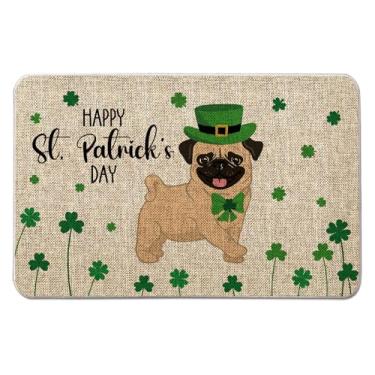 Imagem de QIONG MENG Tapete de porta de São Patrício Pug Welcome Tapetes de entrada para cães, casa de fazenda, casa, cozinha, chão, tapete de porta da frente, para ambientes internos e externos, 43 x 68 cm