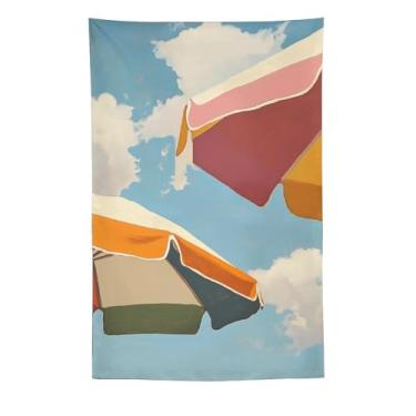 Imagem de Tapeçaria colorida para guarda-sóis de praia rosa laranja verde dossel cena céu azul pintura a óleo estilo parede decoração náutica para casa para sala de estar quarto vibe alegre tapeçaria 60 x 90