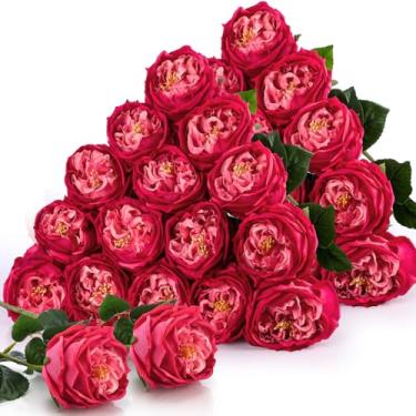 Imagem de Giegxin 20 peças de flores artificiais de rosas de Austin de toque real, flores falsas com caules longos reais com flores grandes para Natal, Dia dos Namorados, casamento, decoração de casa (rosa