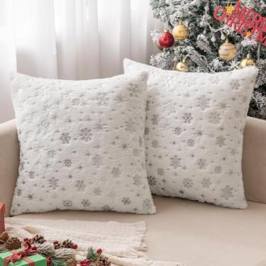 Imagem de MIULEE Conjunto de 2 fronhas decorativas de Natal, capas de almofada de inverno de pele sintética macia com glitter de floco de neve prateada, lindas fronhas para sofá, cama, 61 x 61 cm, marfim