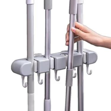 Imagem de Suporte de parede para vassouras e esfregões, vassouras para garagem, jardim e armazenamento (4 prateleiras com 5 ganchos) cinza