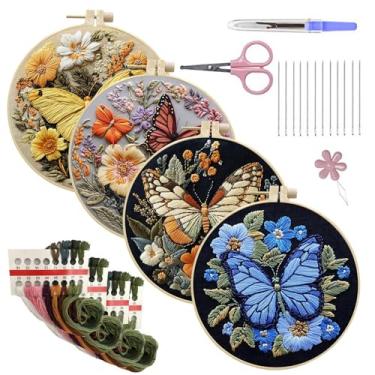 Imagem de Hamosky Kit de bordado de borboleta para iniciantes, conjunto de argolas de madeira de 20 cm com 4 padrões florais, pacote completo de costura manual DIY para iniciantes com tesoura, linha, tecido