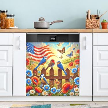 Imagem de Pássaros bandeira flores capa ímã máquina de lavar louça adesivo magnético fácil de limpar ímãs de geladeira decoração de armário casa decalques eletrodomésticos adesivos para decoração de casa