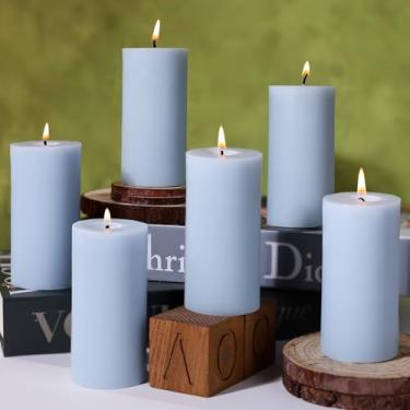 Imagem de Velas de pilar de soja, velas azuis sem perfume derramadas à mão 210 horas, velas de soja natural para casa, casamento, sem fumaça e sem gotejamento, festa, spas, jantar - 5 x 10 cm - pacote com 6