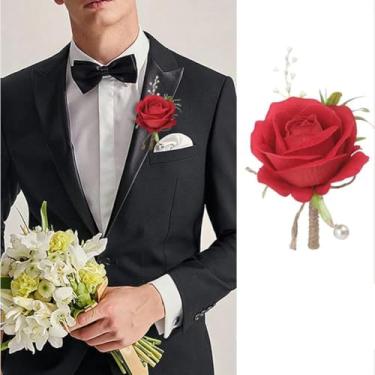 Imagem de 2 peças de peito de flores vermelhas simulação elegante e elegante terno decoração banquete masculino falso flor rosa broche broche