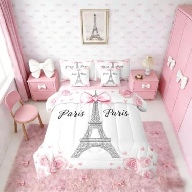Imagem de Erosebridal Torre Eiffel, conjunto de cama de casal kawaii rosa e laço rosa em uma bolsa, 7 peças, decoração de quarto de crianças e meninas