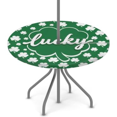 Imagem de Pardick Lucky Clover Toalha de mesa redonda para uso ao ar livre com orifício para guarda-chuva, toalha de mesa redonda, impermeável, com zíper, elástico, capa de mesa de pátio, serve para mesas de