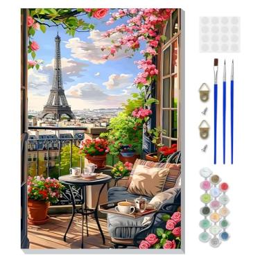 Imagem de DOMROM Kit de pintura de paisagem por números para adultos iniciantes com cavalete de madeira, kit de pintura de torre Eiffel DIY por números em tela, kits de pintura a óleo DIY para decoração de