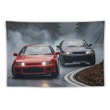 Imagem de HouLaiZhe JDM Tapeçaria de carro Drift carro esportivo R32 Vs S15 legal Jdm pendurado na parede quarto decoração de casa tapeçarias estética piquenique decoração de parede arte de parede para