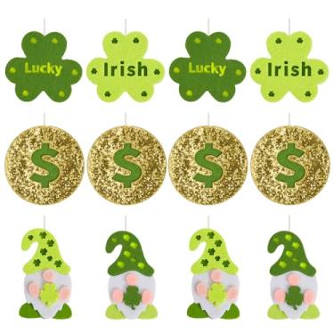 Imagem de WDS WONDROUS Enfeites de Dia de São Patrício, conjunto de 12 peças, decoração de moeda de ouro de gnomo irlandês de feltro da sorte trevo irlandês com cordas para pendurar para árvore de Natal, festa