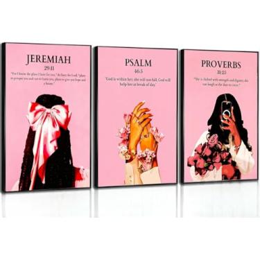 Imagem de Arte de parede Black Girl Pink Christian Canvas Poster Bíblia versículo decoração de parede mulheres afro-americanas moda mulheres negras impressões modernas fé escritura pintura para quarto 12x16x3