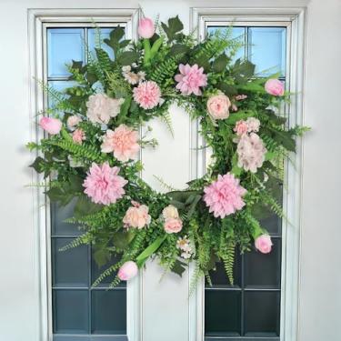Imagem de Guirlandas de primavera para porta da frente, guirlanda artificial de eucalipto de 61 cm com tulipas, dálias, globo de flores, hortênsias, peônias para decoração de festas de casa de fazenda e