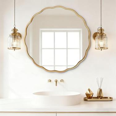 Imagem de ietat Espelho ondulado redondo dourado 76 cm, espelho circular para banheiro, moldura mental, espelho decorativo montado na parede para quarto, sala de estar