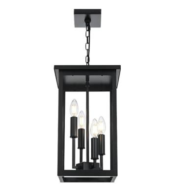 Imagem de Yaohong Luminária pendente interna de 4 luzes, luzes suspensas pretas grandes de 43 cm, suporte de teto com vidro transparente, lanterna externa ajustável para hall de entrada de varanda
