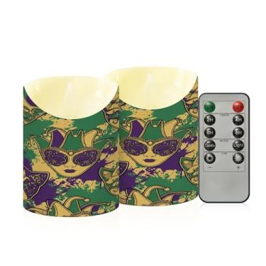 Imagem de Wassud Pacote com 2 máscaras de Mardi Gras velas sem chama com controle remoto, velas realistas cintilantes com temporizador, velas decorativas para Natal, casamento, festa, decoração de casa pequena