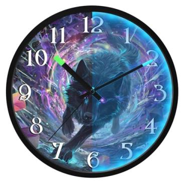 Imagem de Relógio de parede preto lobo roxo olhos galáxia brilham no escuro operado por bateria relógio de parede silencioso 12 polegadas sem tique-taque relógio de luz noturna para quarto