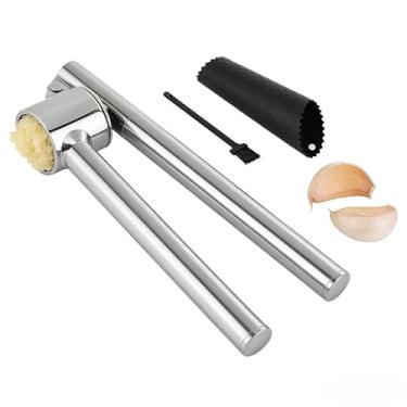 Imagem de Espremedor de alho de aço inoxidável resistente e fácil de limpar – Triturador e triturador de alho profissional com tachas, cabo ergonômico, inclui escova de descascador de alho de silicone, pode ser