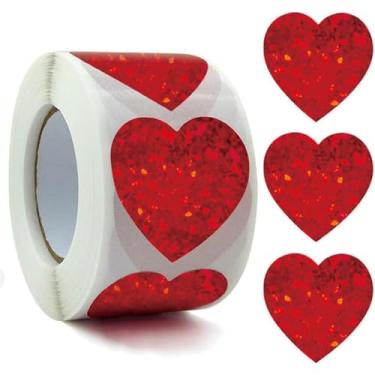 Imagem de 500Pcs Valentine's Day Stickers Roll 1.5in Red Heart Self-Adhesive Valentines Gifts Card Sticker Decals Holographic Sparkling Waterproof Love Stickers for Wedding Anniversary Envelopes Scrapbook