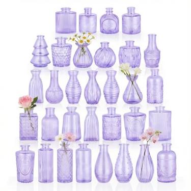 Imagem de BEAHOT Pacote com 32 vasos de flores roxos a granel, mini vasos de flores de vidro vintage para centros de mesa, decoração de casamento, decoração de festa e casa, dia das mães (roxo)