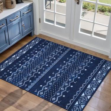 Imagem de SERISSA Tapetes de 5 x 7 cm para entrada, lavável, antiderrapante, azul e branco, tapete geométrico boêmio para entrada interna, tapete de entrada interna, tapete de porta para banheiro, cozinha