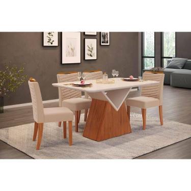 Imagem de Conjunto: Mesa Sala Jantar Argo c/ Tampo Madeirado c/ Vidro Curvo 136x90cm e 4 Cadeiras Julia Freijo/Off White - Suede Kraft - DJ Móveis