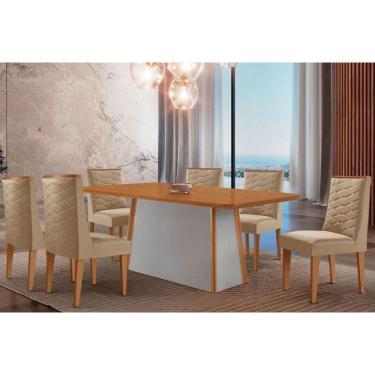 Imagem de Conjunto Sala de Jantar Tilia c/ Tampo Madeirado Canto Curvo 180x90cm e 6 Cadeiras Dafne Madeira Maciça Naturale/Off White - Capuccino/Linho Bege-Rufa