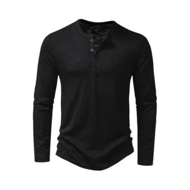 Imagem de Camiseta Masculina Slim Fit De Algodão Com Gola Henley, Manga Longa, R