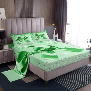 Imagem de Jogo de cama casal com laço de aquarela, fofo, com laço e laço para meninas, 4 peças, lençol com bolso profundo de 40,6 cm, microfibra macia, sonhadora, estilo princesa, verde, prata