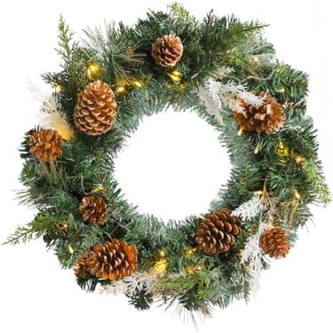 Imagem de MUMTOP Guirlandas de Natal para porta da frente, guirlanda de Natal artificial pré-iluminada com luzes LED e pinhas, decorações de Natal para decoração de parede de janela interna da porta da frente