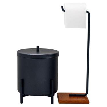 Imagem de Kit Lixeira 6l E Porta Papel Higiênico Eleganza Metal Preto E Madeira
