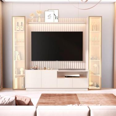 Imagem de Rack com Painel Ripado para Tv 75 Polegadas 100% Mdf 2 Torre com Porta Reflecta Led Vitoria Regia Off White