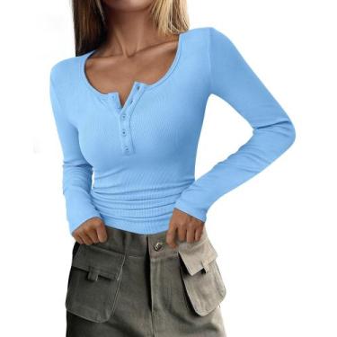 Imagem de Camisa PRETTYGARDEN 2025 Outono Manga Longa Henley Azul Claro P