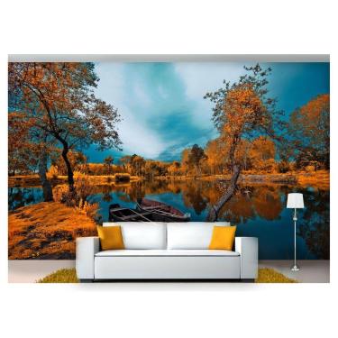 Imagem de Papel De Parede Lago Canoa Árvore Outono 3D Nlk147