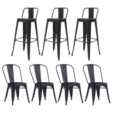 Imagem de Kit 4 Cadeiras e 3 Banquetas Iron Tolix com Encosto, Aço Carbono, Industrial, Empilháveis - Preto