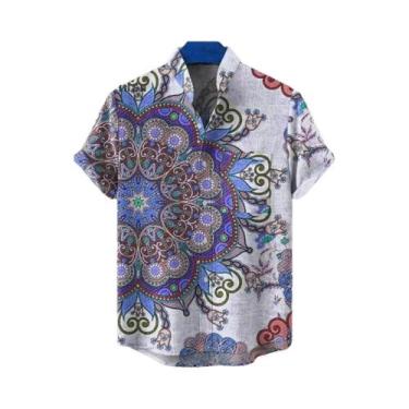 Imagem de Camisa Muçulmana Masculina De Linho Com Estampa Tribal Africana Retrô,