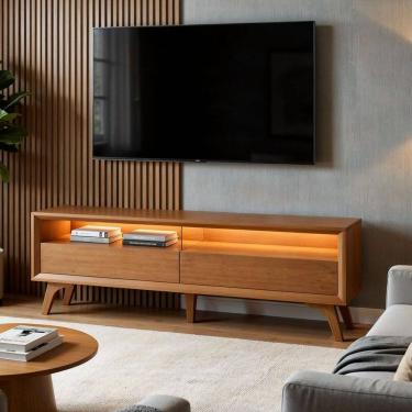 Imagem de Rack para Tv até 75 Polegadas Laqueado 100% Mdf 2 Gavetas 180cm Pés Madeira Maciça Áustria Naturale