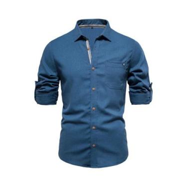 Imagem de Camisa Masculina De Algodão De Manga Comprida Com Bolso Único, Cor Sól