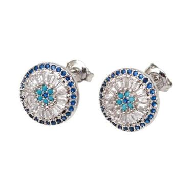 Imagem de Brincos De Cobre Com Olho Turco E Zircônia Redonda Micro Pavê Para Mul