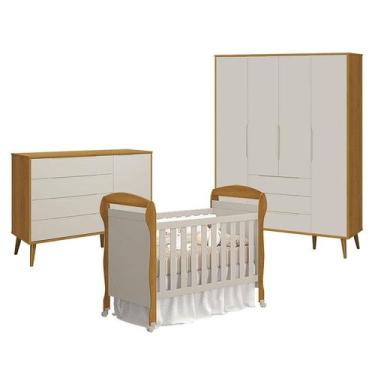 Imagem de Quarto de Bebê 4 Portas com Cômoda com Porta Elfe Retrô e Berço Americ