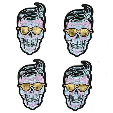 Imagem de 6 peças de remendos de esqueleto, adesivos legais de roupas de caveira punk bordado de ferro em remendos bordados costurar na cabeça de caveira para roupas jeans jaqueta reparação (óculos amarelos caveira) apliques
