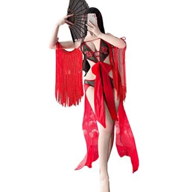Imagem de SINROYEE Roupas femininas de malha transparente, macacão de festa para mulheres, franja, sexy, anime, lingerie cosplay, Vermelho, One Size