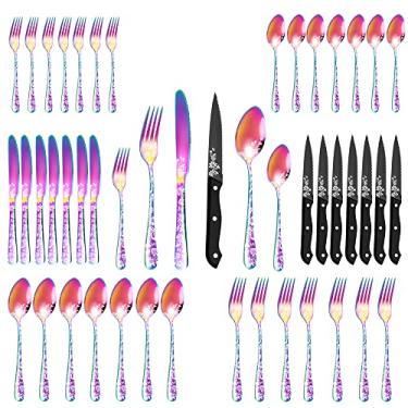 Imagem de Wemay Conjunto de talheres de aço inoxidável 48 peças conjunto de talheres polido espelho 8 facas de bife 8 facas de jantar 8 garfos 8 colheres 8 garfos de chá 8 colheres de chá com belo padrão de flo