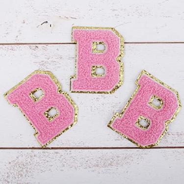 Imagem de Pacote com 3 adesivos de Chenille Iron On Glitter Varsity com 5 cm de altura - Tecido de chenille rosa com acabamento em glitter dourado - Costurar ou passar a ferro - 5 cm PNK B