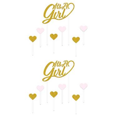 Imagem de Beistle Topos de bolo It's A Girl de 2 peças com 12 palitos de comida de coração para revelação de gênero, decorações de festa de chá de bebê, 18 x 11,4 cm e 8,2 x 3,8 cm, dourado/rosa