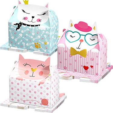Imagem de Zonon 24 peças de caixas de lembrancinhas de festa de gato, sacos de festa de gato, sacos de doces para gatos, sacos de presente temáticos de aniversário para meninas, festa de aniversário, chá de bebê