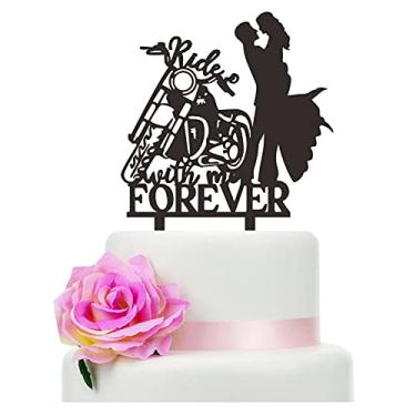 Imagem de Topo de bolo de casamento para motocicleta, Ride with Me Forever, Noiva e noivo com topo de bolo de motocicleta para decoração de casamento/aniversário de casamento, chá de panela, festa