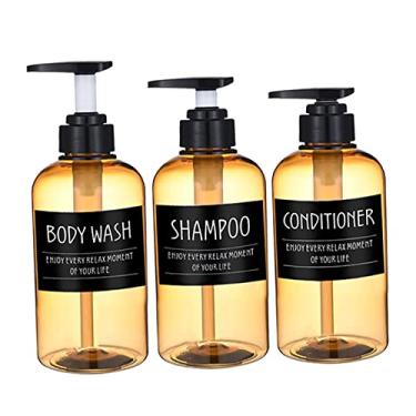 Imagem de Newmind Dispensador de xampu com bomba vazia, 3 peças, para banheiro, recarregável, shampoo, condicionador, sabonete líquido, dispensador de sabonete para chuveiro, garrafa com etiquetas de bomba - amarelo-BL Tag-300 ml